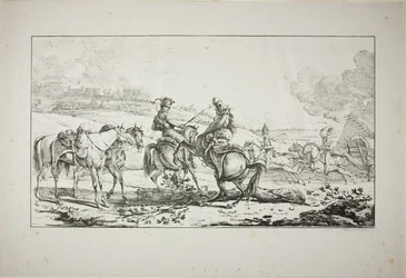 Artilleur monté avec trois chevaux bridés à la fois