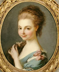 Une fille en robe bleue avec un ruban rose