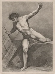 Homme grimpant avec les bras étendus