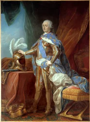 Portrait en pied de Louis XV (1710-1774), en armure, main posée sur un casque