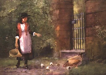 Fille nourrissant des poules