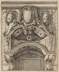 Motif architectural avec trois boucliers, deux avec figures