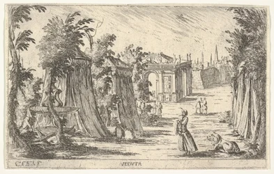 Vue avec un homme en turban et un lion à droite, tentes et architecture classique