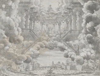 Décor de scène avec des figures allégoriques sur un escalier, de 