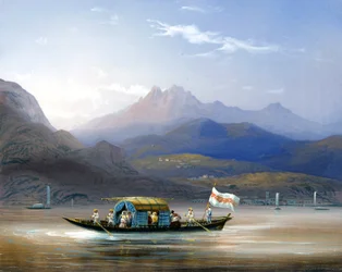 Lac de Côme. Un bateau. En arrière-plan, on peut voir le mont Groma, vers 1830. Peinture de Bossoli. Côme, collection privée.