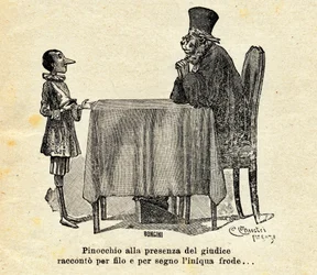 Pinocchio face au juge. Illustration de Carlo Chiostri (1863-1839) pour le roman "" Les aventures de Pinocchio "" de Carlo Lorenzini ou Carlo Collodi (1826-1890) 1924.