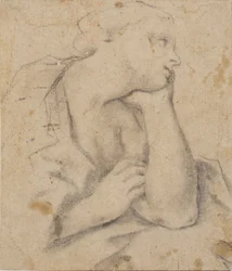 Femme assise, reposant la tête dans la main. Buste