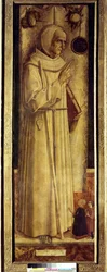 Santiago de la Marche (1394-1476) et deux donateurs agenouillés (parfois dit à tort Saint Bernardin de Sienne). Peinture par Carlo Crivelli (1435-1495)