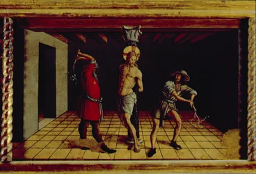 La Flagellation du Christ, panneau central droit de la prédelle du polyptyque de San Silvestro, 1468