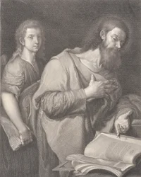 Saint Matthieu, debout devant un livre à droite avec une main sur sa poitrine, un autre homme derrière, 1750-84