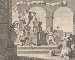 Elle cueille la plus belle fleur Il piu bel fior ne coglie, un groupe de six putti travaillant..., 1740-59