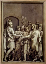 Rome antique : guerrier et homme en toge échangeant une sphère