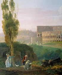 Groupe de personnages, homme dessinant devant les ruines du Colisée
