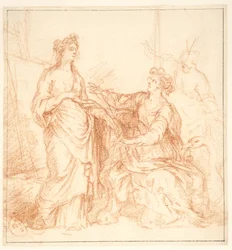 Composition allégorique avec trois figures féminines devant une image sur un chevalet, l