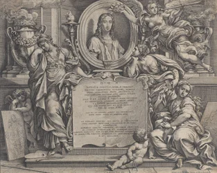 Frontispice avec portrait ovale de Raphaël, avec trois figures allégoriques des Arts, 1675