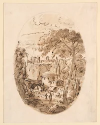 Dessin, Paysage avec cavalier et pont, 1750-1786