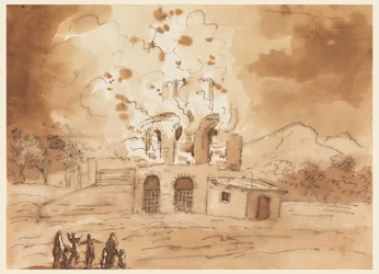 Dessin, Paysage avec une Tour en Feu