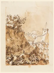 Paysage avec ville de montagne