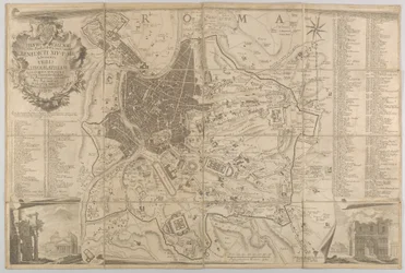 Plan de la Rome antique avec une vue du Panthéon en bas à gauche et un arc de triomphe en bas à droite, 1748