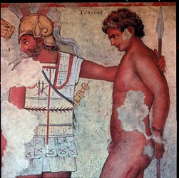 Civilisation étrusque : représentation du sacrifice des prisonniers troyens en hommage à Patrocle (reproduction)