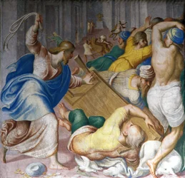 Jésus-Christ chasse les marchands aux portes du Temple. Fresque de Carlo Urbino. Milan, S. Maria della Passione