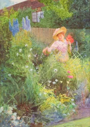 Dame cueillant des fleurs dans un jardin de campagne