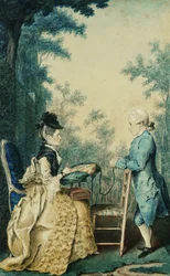 Une dame assise sur une terrasse brodant sur un tambour, avec un petit garçon debout devant elle