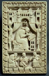 Saint Grégoire écrivant avec des scribes en dessous, école franco-allemande, vers 850-875