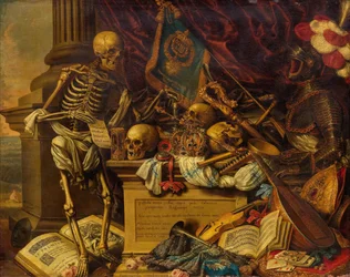 Nature morte vanité avec instruments de musique, livres, partitions, squelette, crâne et armure, XVIIe siècle