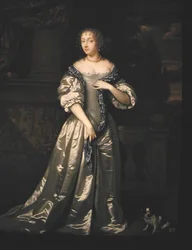 Portrait de Lady Philippa Stanton et son chien debout sur une terrasse près d