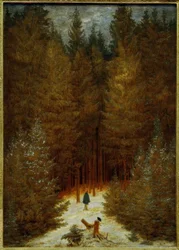 Le chasseur dans la forêt (Une forêt de sapins enneigée)