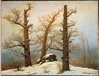 Cairn mégalithique dans la neige (huile sur toile)