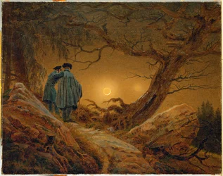 Deux hommes contemplant la lune (huile sur toile)