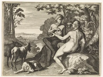 Adam et Ève entourés des animaux dans le paradis