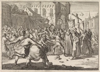 Une procession à Dantzig accueillie par des jets de pierres, 1678