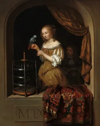 Une Femme Nourrissant un Perroquet, avec un Page