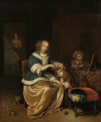 Intérieur avec une mère peignant les cheveux de son enfant, connu sous le nom de 