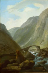 Vallée alpine avec pont de pierre