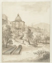 Paysage italien avec une ville sur une colline
