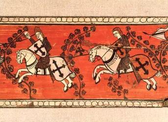 Chevaliers portant des drapeaux. Tempera sur bois de la décoration d
