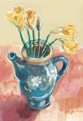 Des jonquilles dans une théière bleue