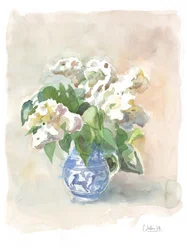 Fleurs blanches délicates, pichet bleu