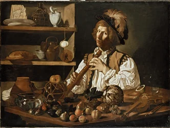 Intérieur avec une nature morte et un jeune homme tenant une flûte à bec, XVIIe siècle