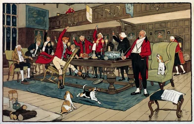 Petit déjeuner du chasseur. De retour de la chasse, les chasseurs racontent leurs exploits. Gravure de Cecil Aldin (1870 -? ), Angleterre. Coll. Go.