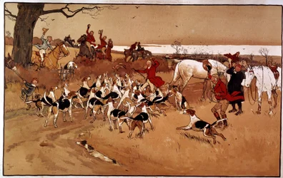 Scène de chasse : tir. Gravure de Cecil Aldin (1870 - ?), Angleterre. Collection privée