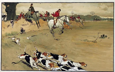 Scène de chasse, la meute de chiens aboie après le gibier