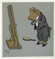 Cochon se coiffant, ajustant son nœud de cravate devant un miroir - dans « Merry Party », ill. par Cécil Aldin, éd. Hodder & Stoughton, Londres