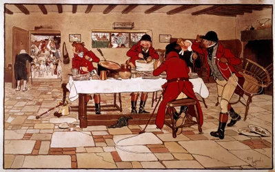 Le goûter des trois pigeons. Les chasseurs cuisinent et mangent rapidement avant de partir à la chasse. Gravure de Cecil Aldin (1870 -? ), Angleterre. Coll. Deal