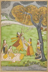 Dames sur une balançoire, milieu du 18e siècle (Peinture et or sur papier)