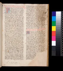 Ms 148. Grégoire le Grand, Dialogues en traduction italienne par Domenico Cavalca, f.1r Lettres décorées [P] et [D] en rouge avec décoration au trait en bleu